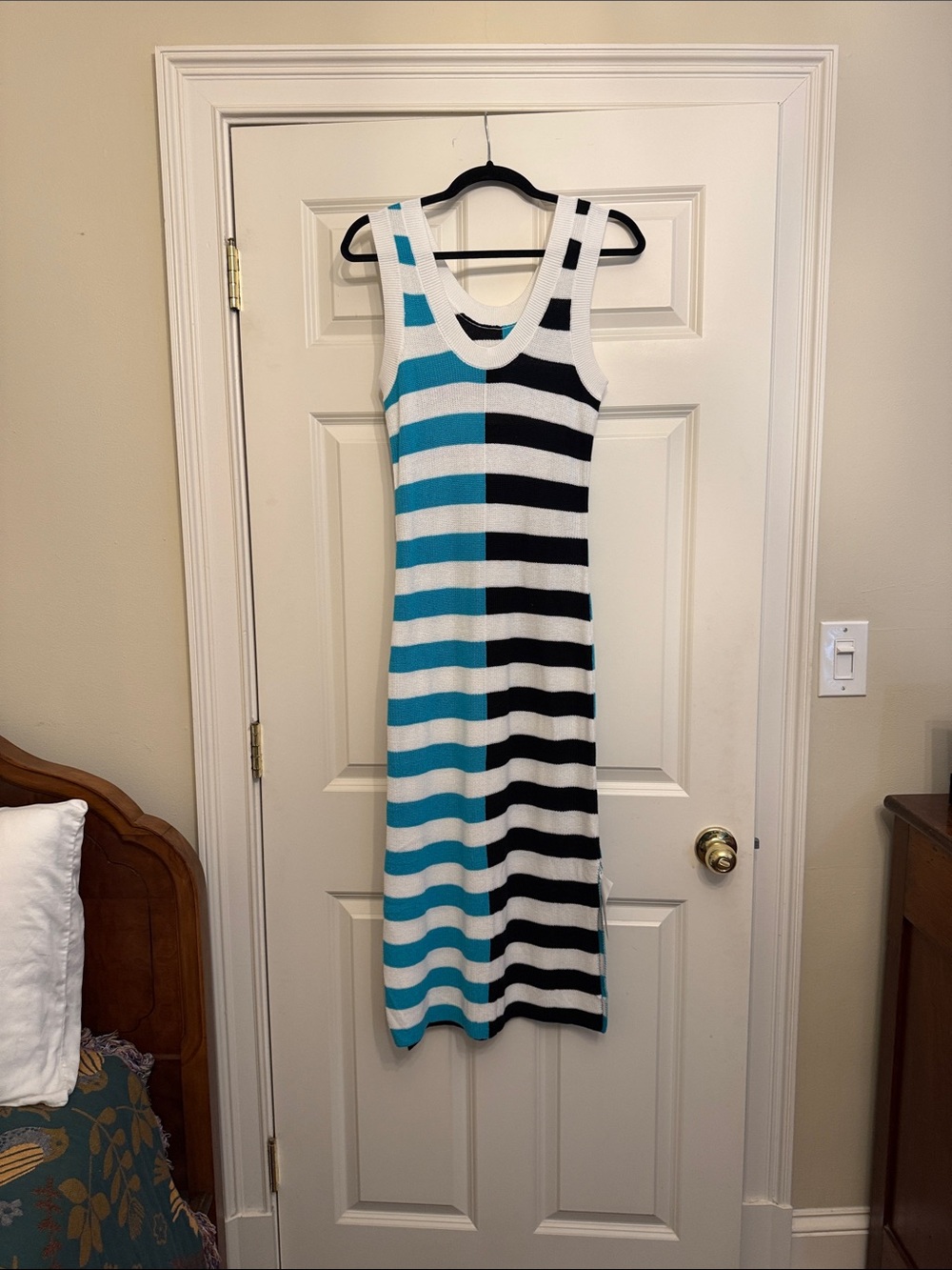 Striped Sleeveless Midi Dress in White, Black & Teal